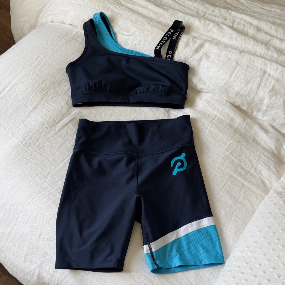 Peloton Navy and Teal One-Shoulder Sports Bra & High-Waist Bike Shorts Set
